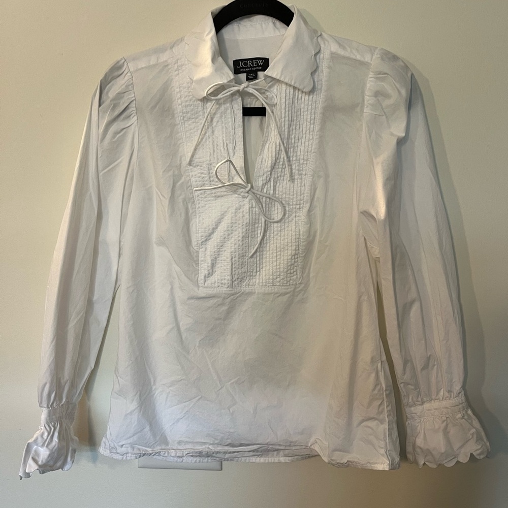 J. Crew White Long Sleeve Ruffled Tie Front Blouse